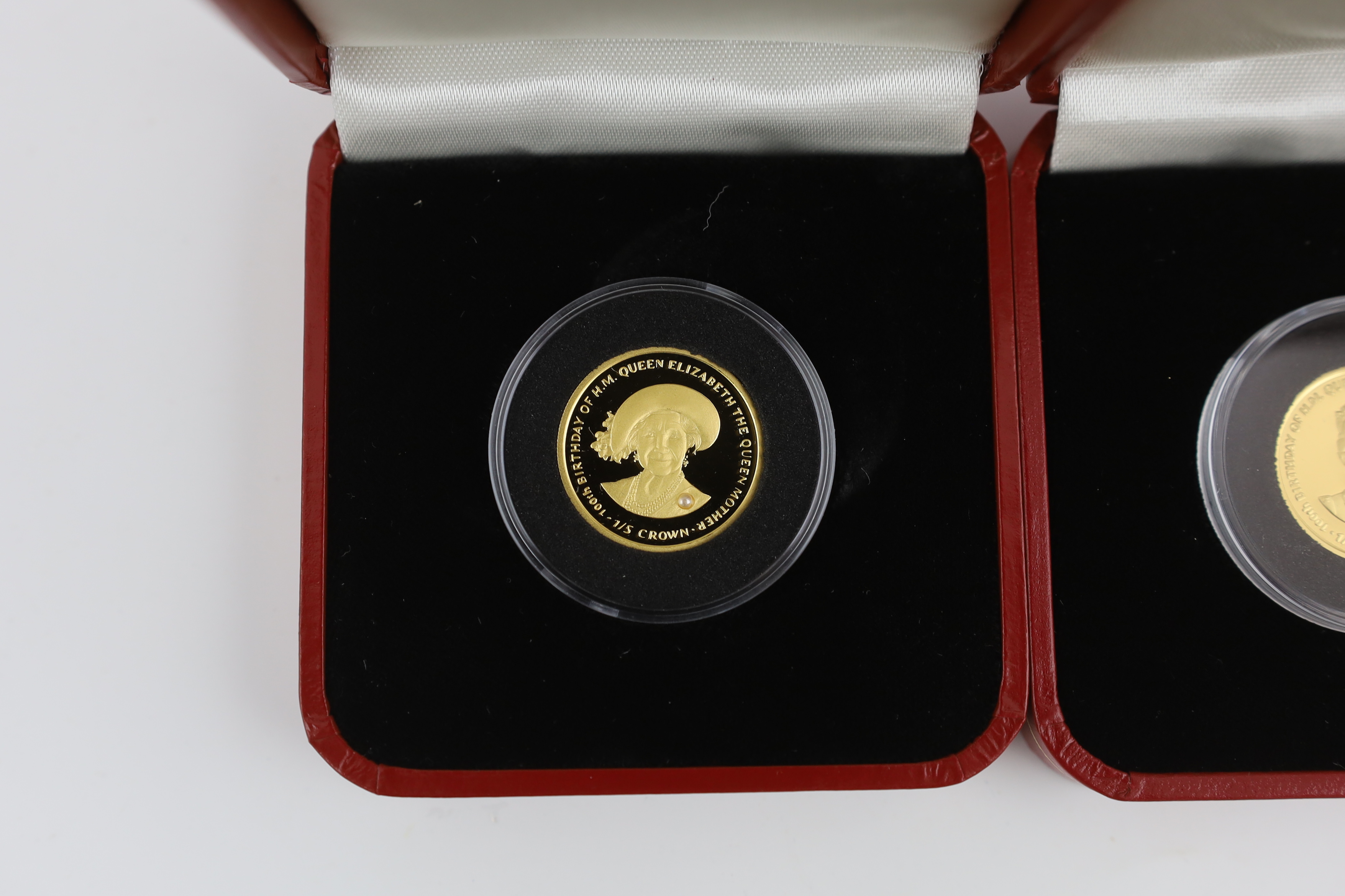 Gold coins - Two Pobjoy mint Isle of Man proof gold 1/5 crown coins, each 6.22g, 999.9/1000 purity